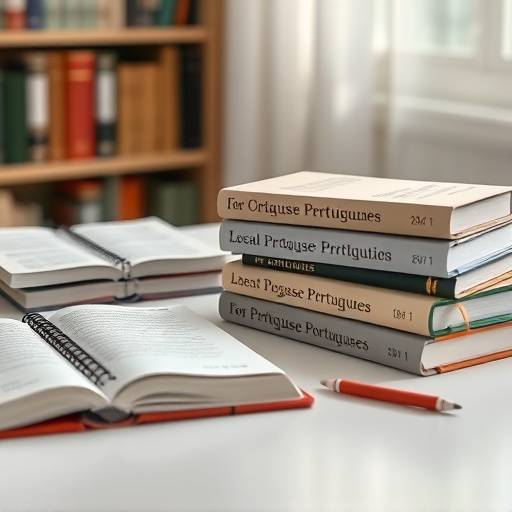 Livros e cadernos sobre uma mesa, representando o estudo da língua portuguesa